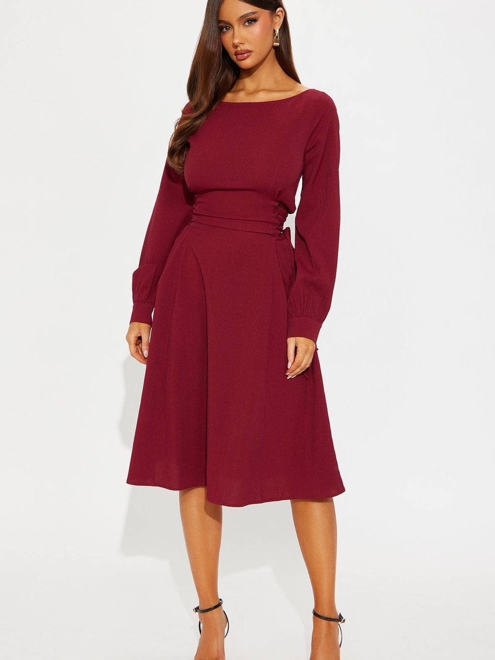 Fashion Nova Wine Red Long Sleeve Midi Dress